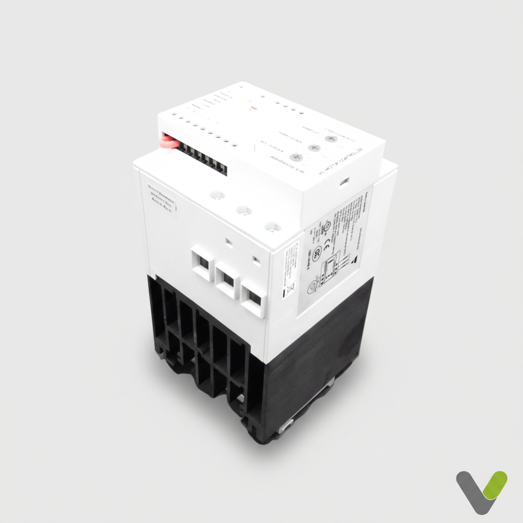 Carlo Gavazzi soft starter 518255 showing DIN rail housing and finned heatsink