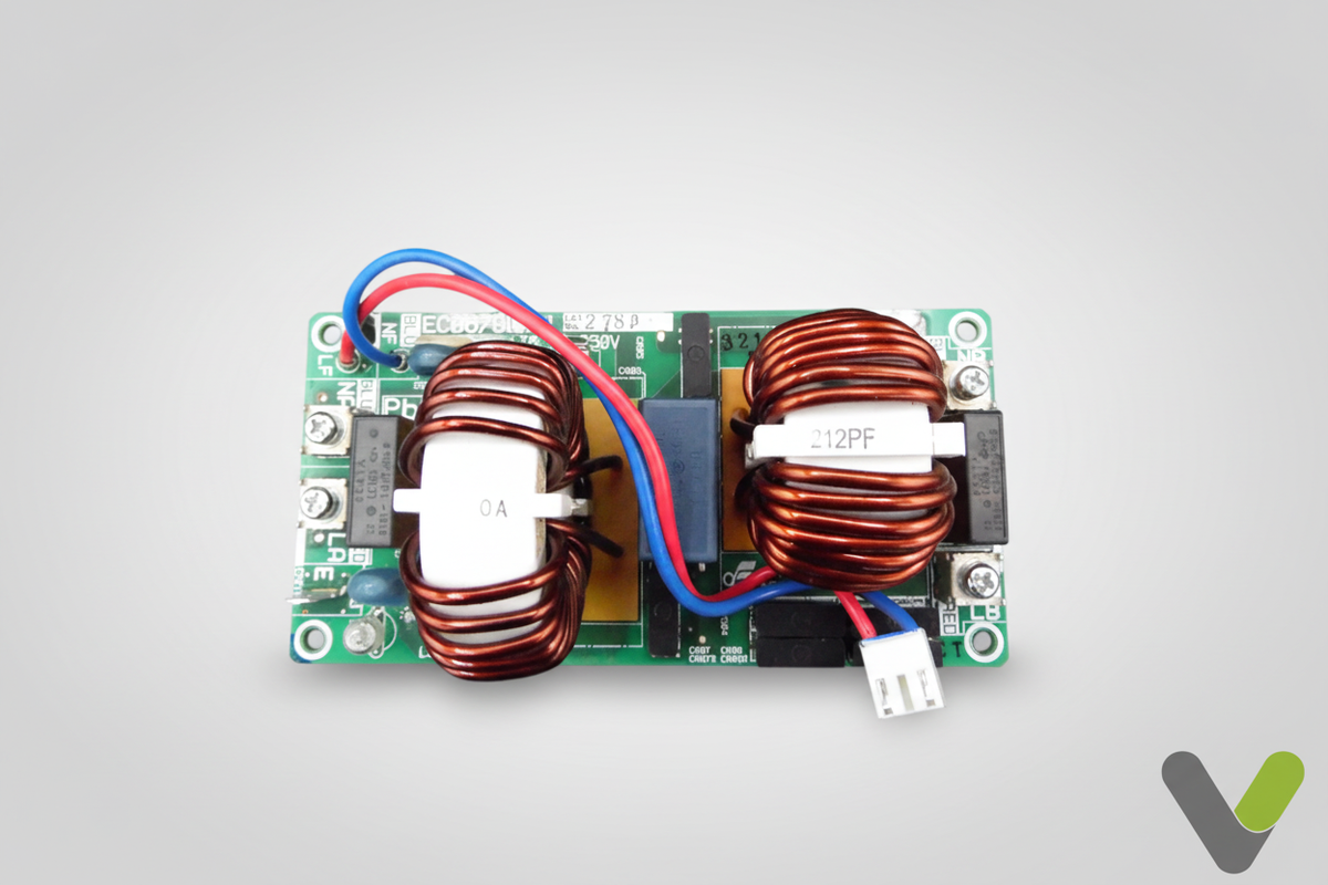 Daikin noise filter PCB 301354P top-down view on grey studio background