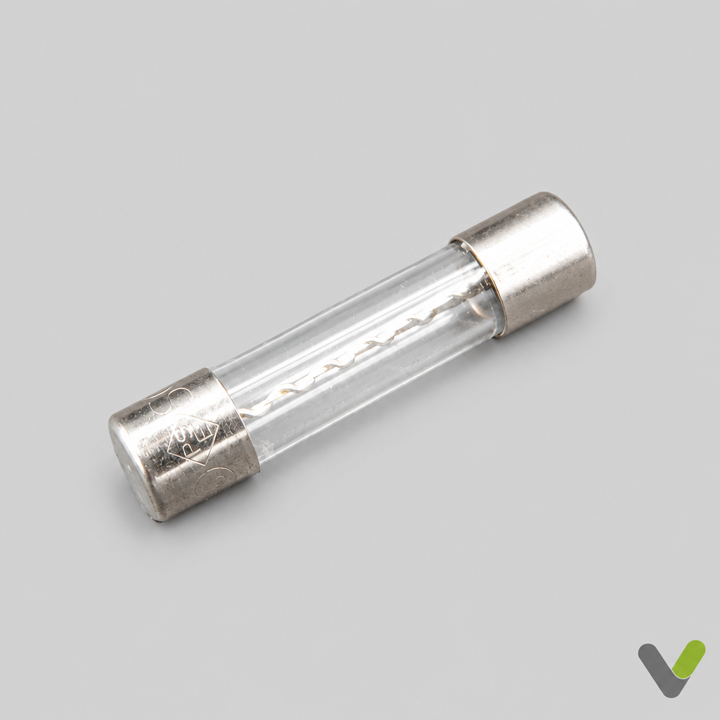 NIBE 718096 20A glass cartridge fuse with silver end caps, diagonal view