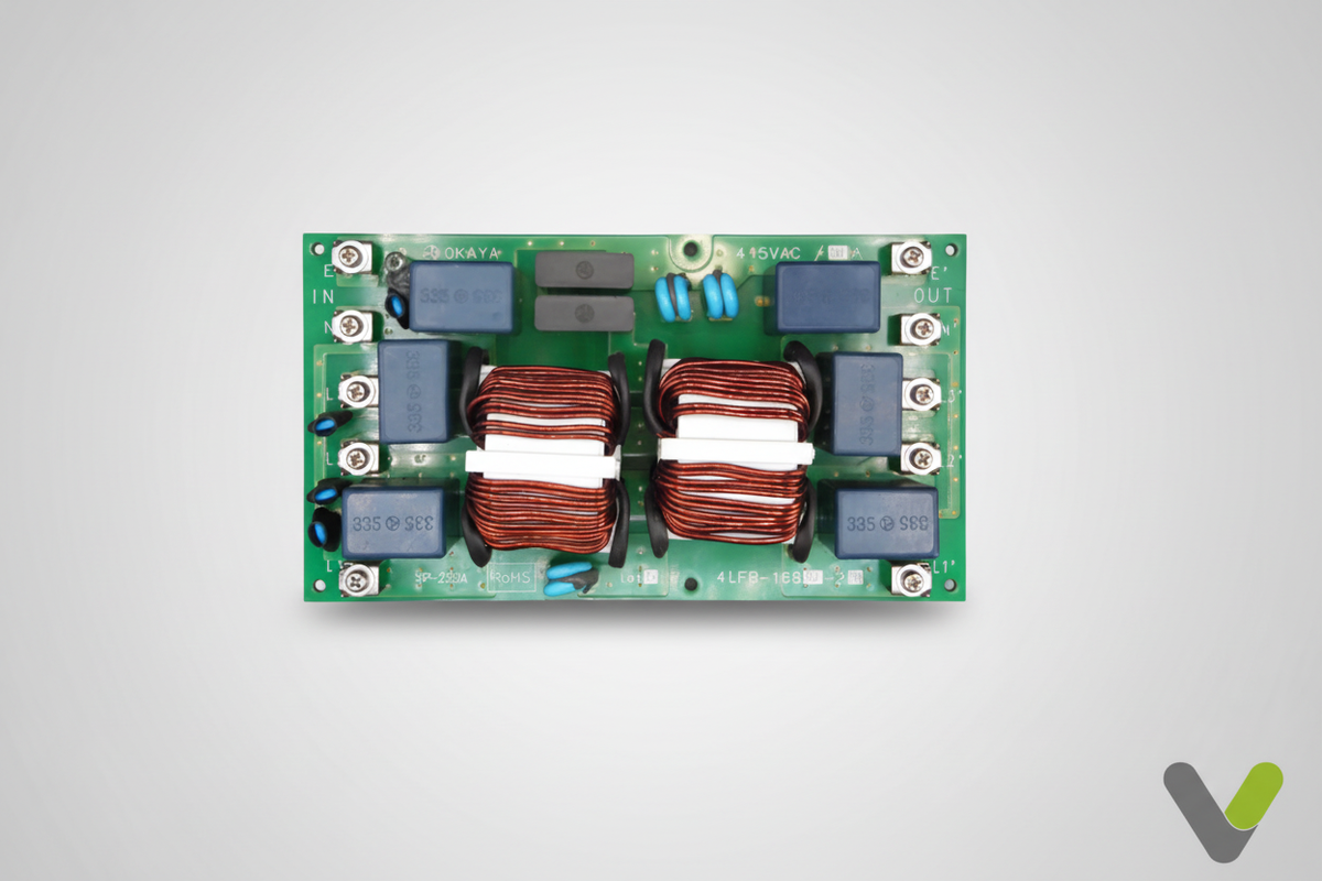 Hitachi noise filter PCB P26740 angled view on grey studio background