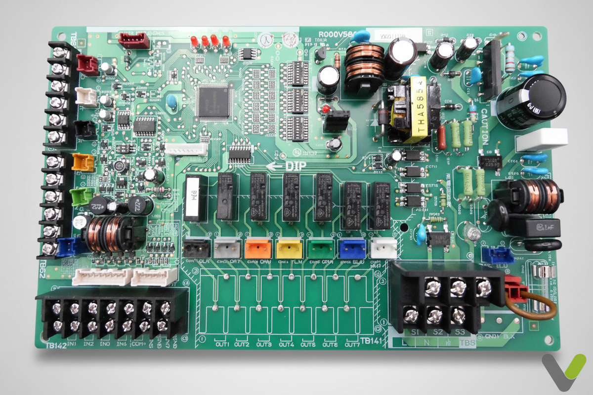 Mitsubishi PAC-IF010-5 control board top-down view on grey studio background