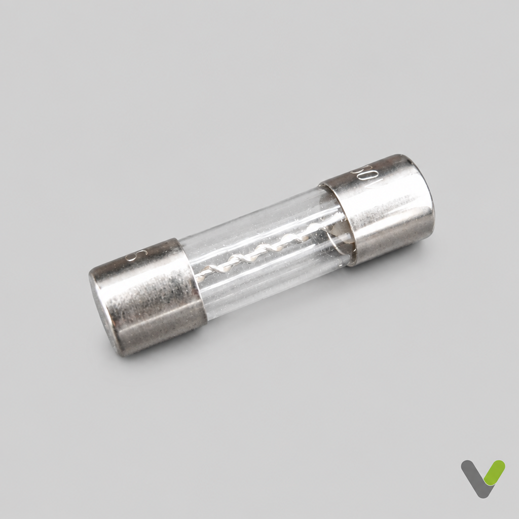 NIBE 518432 30A glass cartridge fuse with silver end caps, diagonal view