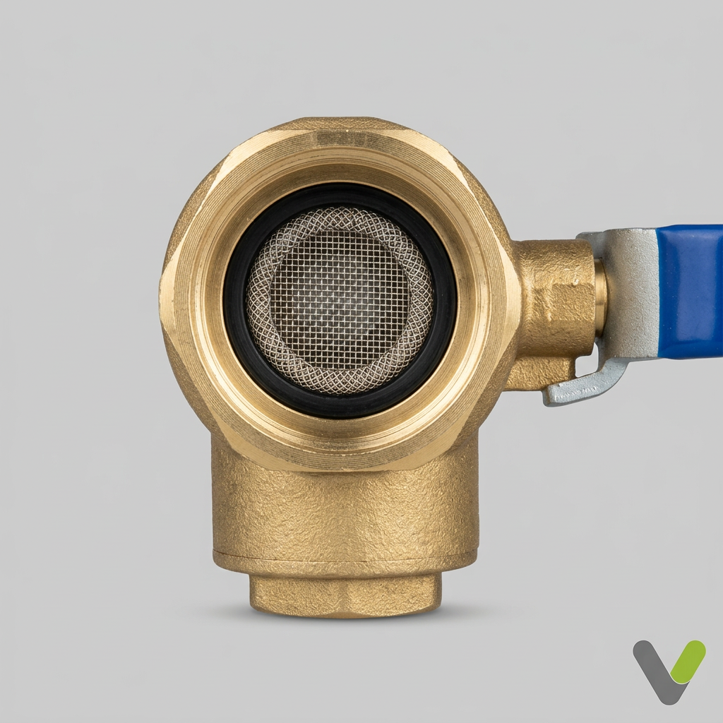 Brass valve mesh filter opening with blue lever on a light grey background