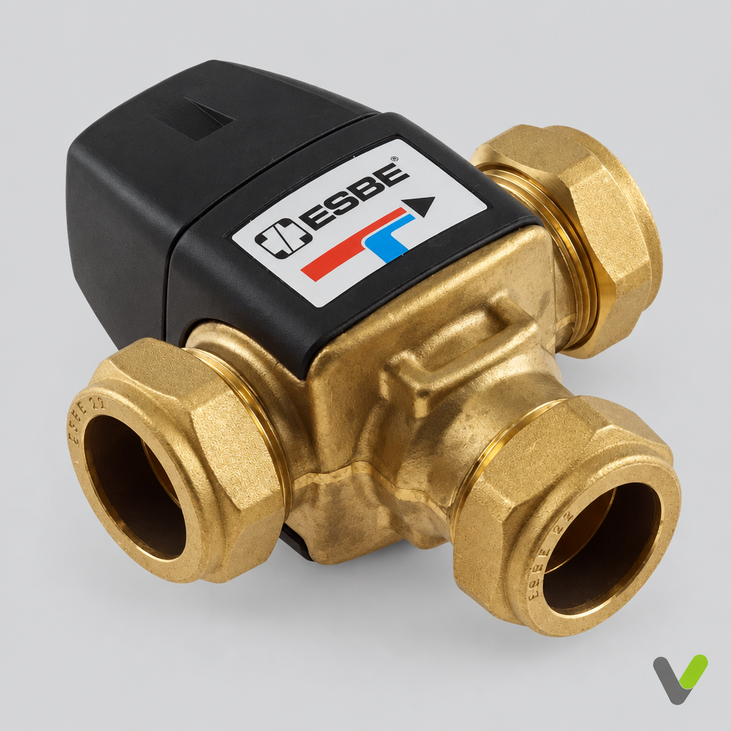NIBE three-port mixing valve 524266 with original fitting arrangement, slightly tilted on light grey background