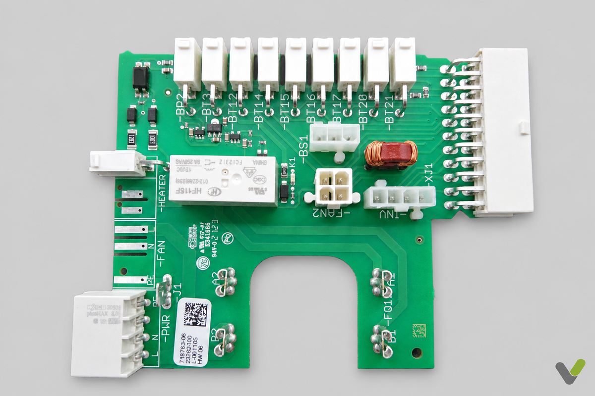 NIBE 519577 F7X0 splice card PCB with white connectors, straight-on view on light grey background