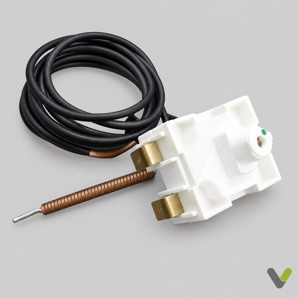 NIBE temperature limiter 718747 with white safety thermostat housing, brass terminals and black cable