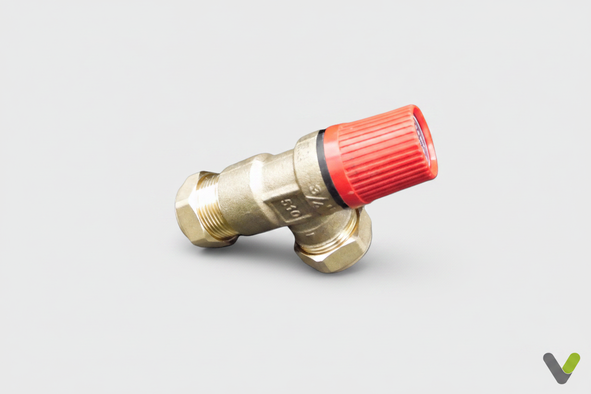 Nibe 2.5Bar Heating Pressure Relief Valve 624890 on light grey background with Varme Tec V logo