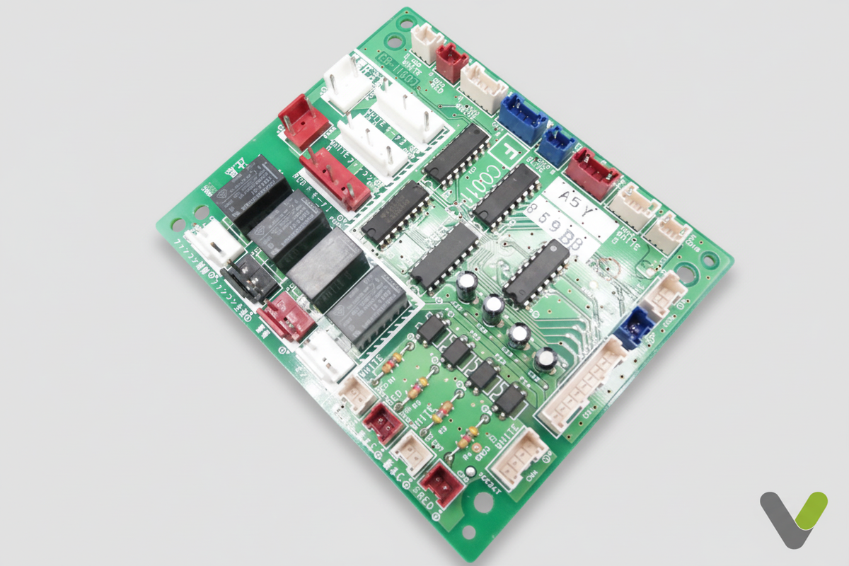 Hitachi PWB2 control card E03774 top-down view on grey studio background