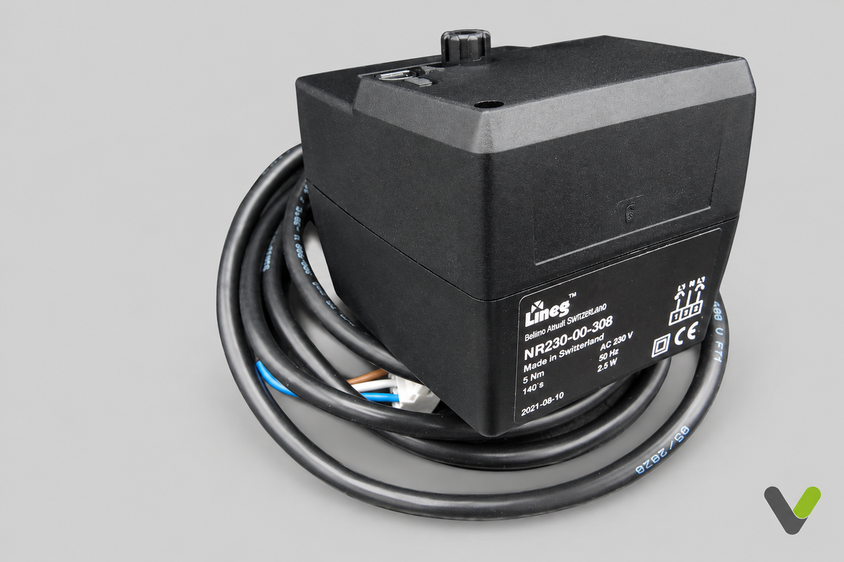 Lineg NR230-00-308 actuator label and coiled cable on flat light-grey background with small V watermark