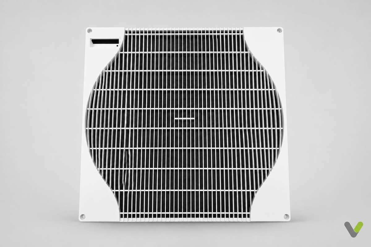 Mitsubishi Electric R01E33691 outdoor fan grille on a light grey studio background with V watermark