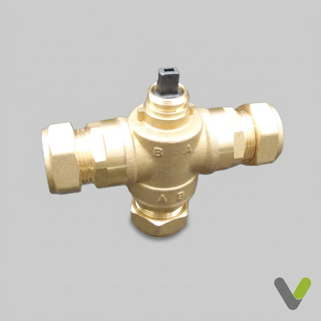 Brass 22mm three-way diverting valve body on a light-grey background