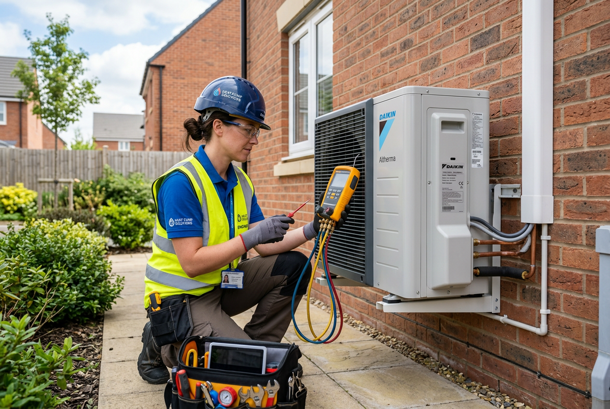 Engineer checking an air source heat pump