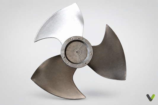 Mitsubishi Electric R01E06115 propeller fan blade rear view on a light grey studio background with rounded V watermark