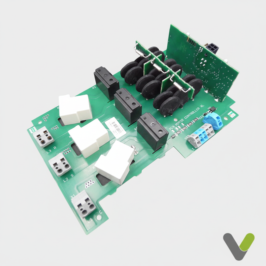 Nibe Soft Start XL 718483 - main board 3/4 angle showing relay blocks, terminal connectors and toroidal inductors