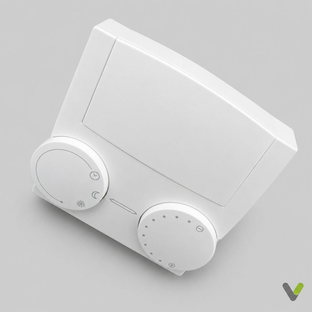 Stiebel Eltron FE7 thermostat 185579 angled view on light grey background with V watermark