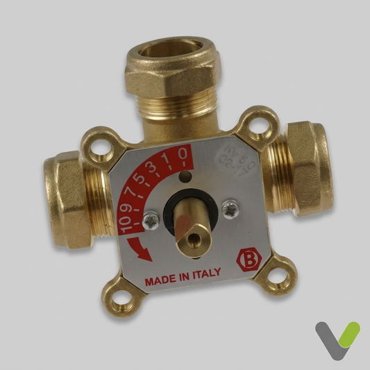 NIBE 3-way shunt valve body 524321, tilted front view on a light grey background