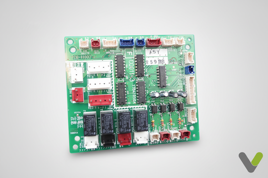 Hitachi PWB2 control card E03774 angled view on grey studio background