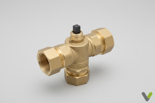 Nibe 3-Way Diverting Valve Body 524279 - T-port view on light grey background with Varmetec V logo