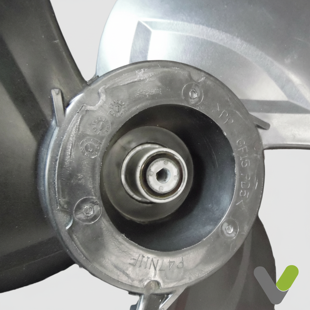 Close-up of Daikin fan blade hub showing the P47N11F marking and bearing collar
