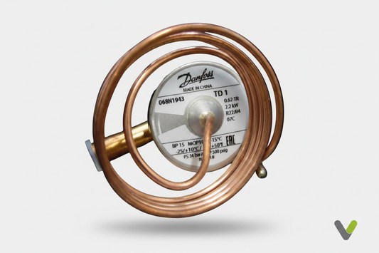 Nibe Expansion Valve 224118 on light grey background with Varme Tec V logo