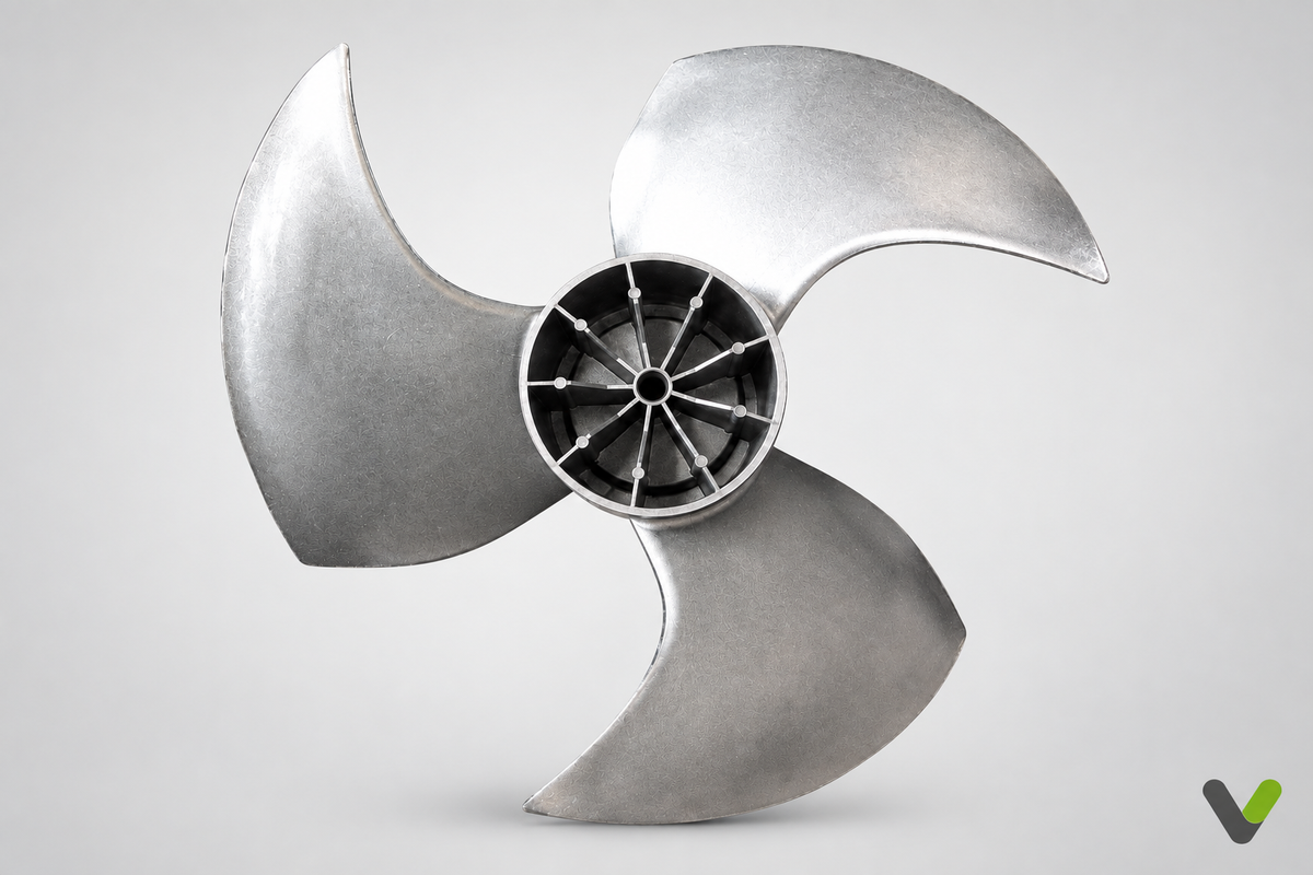Mitsubishi Electric R01E06115 propeller fan blade front view on a light grey studio background with rounded V watermark