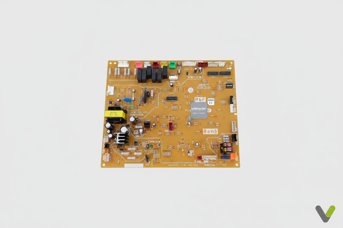Gold PCB control board on light grey background