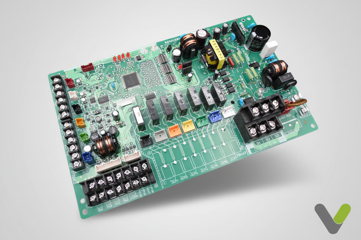 Mitsubishi PAC-IF010-5 control board angled view on grey studio background