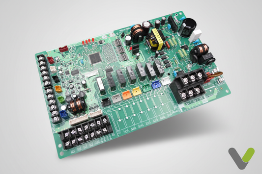 Mitsubishi PAC-IF010-5 control board angled view on grey studio background