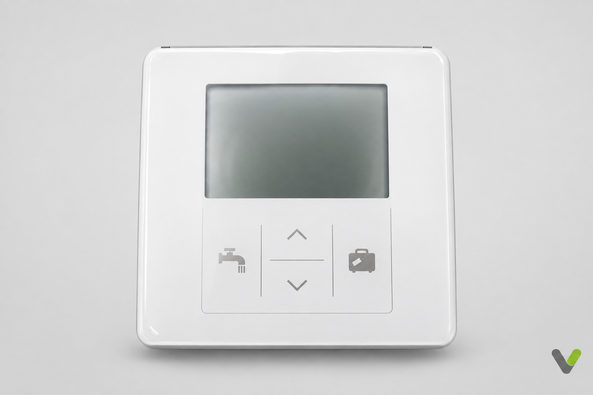 Mitsubishi Electric PAR-WT60R-E wireless Ecodan controller front view on a light grey studio background with V watermark