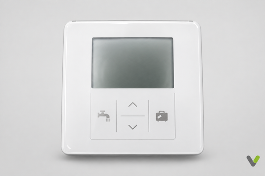 Mitsubishi Electric PAR-WT60R-E wireless Ecodan controller front view on a light grey studio background with V watermark