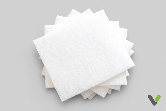 Stack of white Nibe 335280 G2 pre-cut filters on light-grey background with V logo