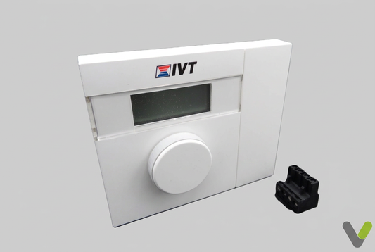 IVT CANbus LCD room controller front view with rotary dial and separate black connector