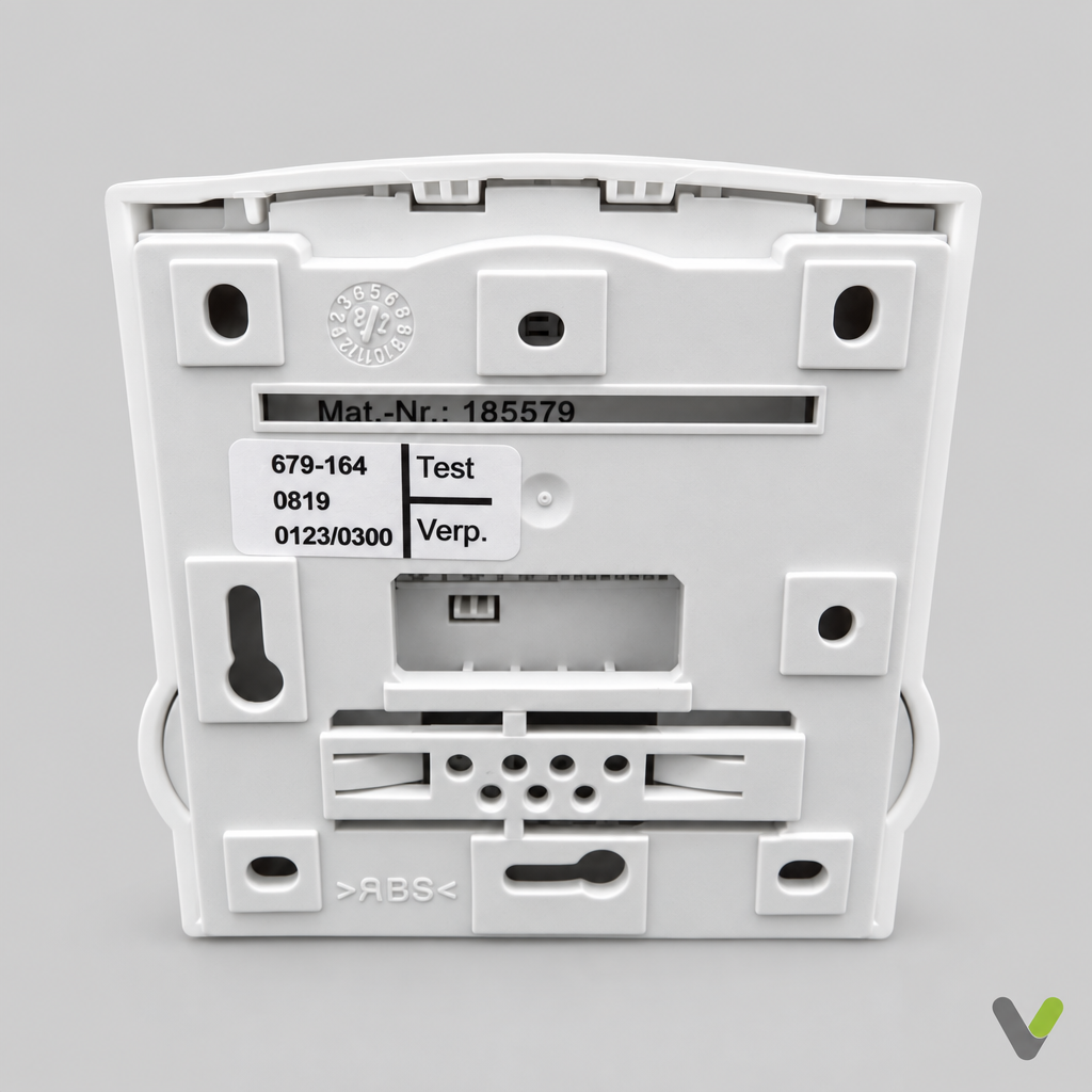 Stiebel Eltron FE7 thermostat 185579 rear view on light grey background with V watermark