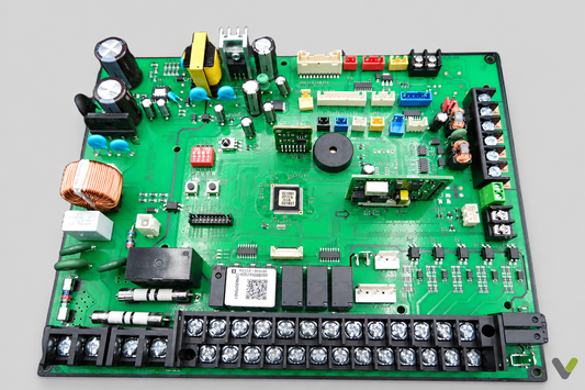 Samsung DB92-04743A green control PCB with terminal strips on flat light-grey background and V logo