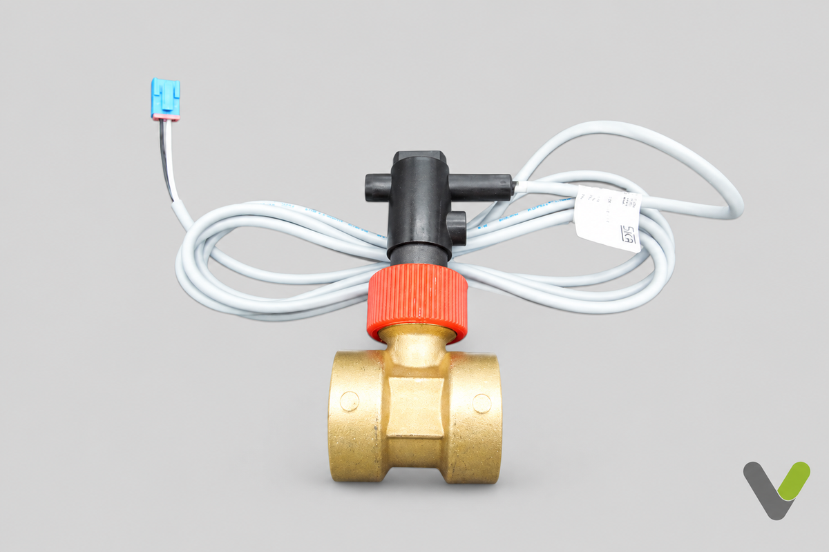 SIKA flow switch brass valve front view with cable on flat light-grey background and corner V logo