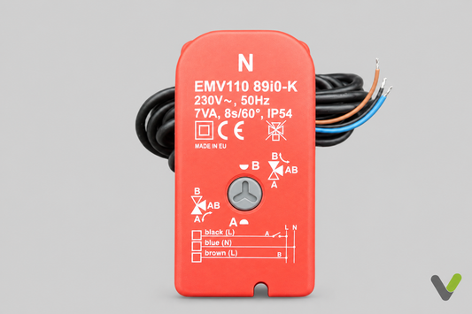 New NIBE 3-way motorised valve head part 818217 with EMV110 markings on a light grey background
