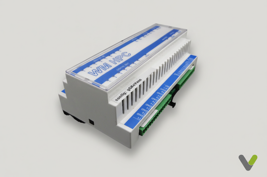 Thermia WM HPC heat pump control unit with white enclosure, blue panels and green terminals