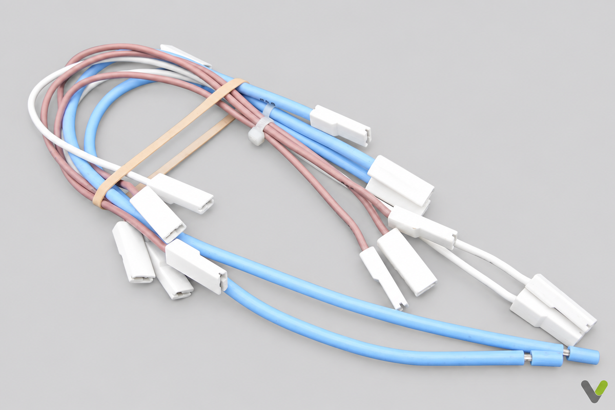 NIBE F360 immersion heater wiring harness with blue, brown and white wires and insulated terminals on light grey background