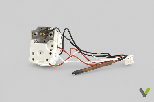Nibe 518640 thermostat and temperature limiter with wiring on a light grey background