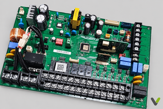 Samsung DB92-03653A main control PCB with terminal blocks on light-grey background and V logo