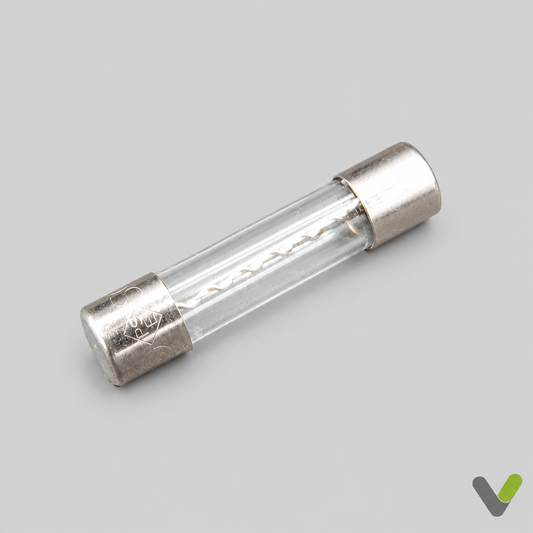 NIBE 718096 20A glass cartridge fuse with silver end caps, diagonal view