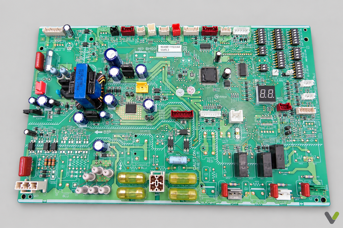 Mitsubishi Electric control PCB straight-on component-side view on light grey background with V watermark