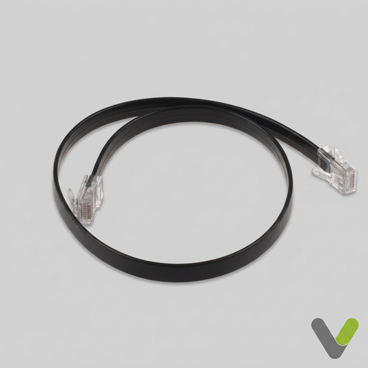 NIBE modular cable 518623 with black flat cable and transparent connectors on a light grey background