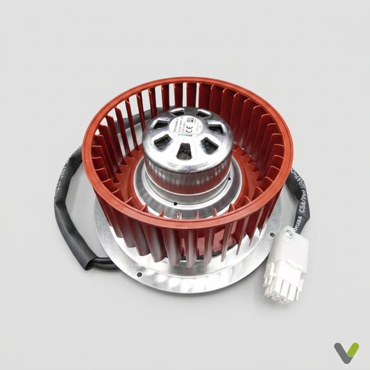 NIBE DC fan assembly 618888, front view with red impeller and 7-pin plug
