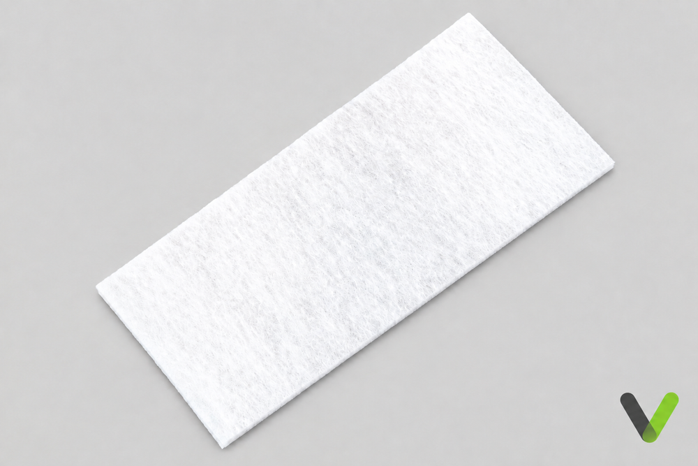 Nibe G2 heat pump filter 445196, angled view on a light grey studio background with V watermark