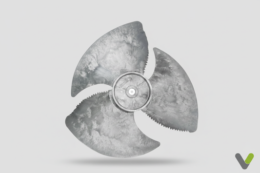Rear view of Nibe 718102 fan blade 518428 for F2040 heat pumps on a light grey background