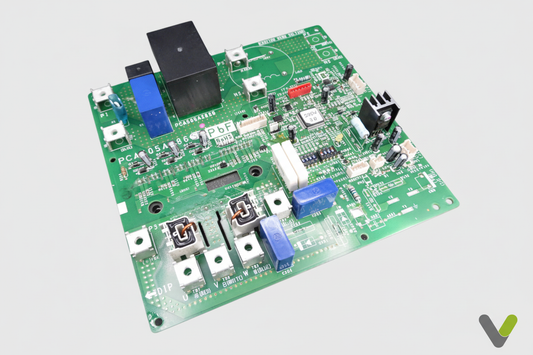 Nibe PWB-2 Inverter Board 518420 - angled view on light grey background with Varmetec V logo