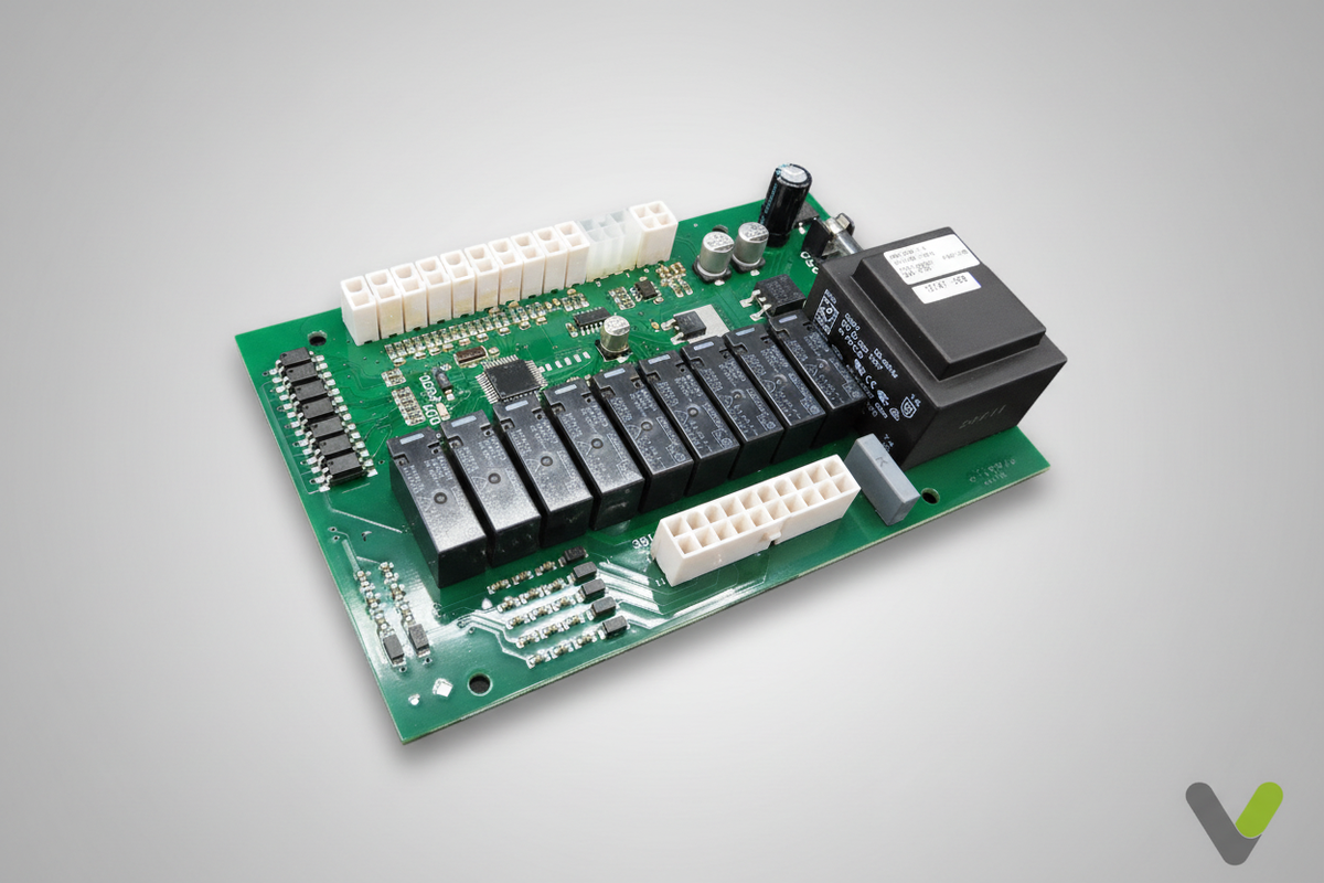 Thermia I/O card 086U9239 control board with relays, terminal blocks and transformer