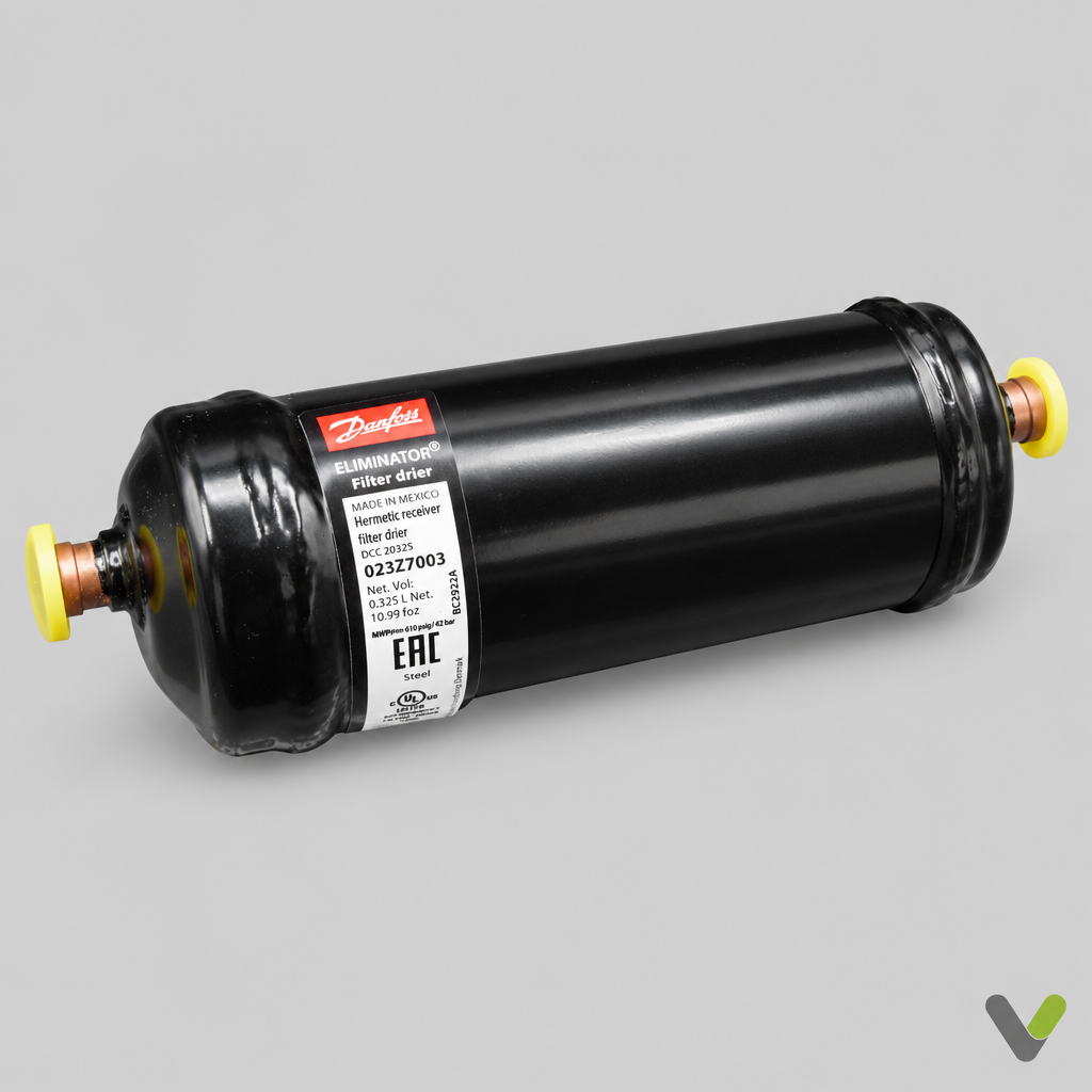 NIBE filter drier 324125, Danfoss 023Z7003, black cylindrical refrigerant filter with yellow caps