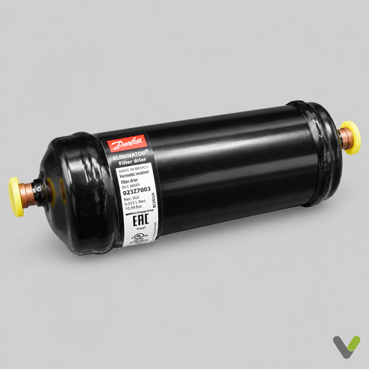 NIBE filter drier 324125, Danfoss 023Z7003, black cylindrical refrigerant filter with yellow caps